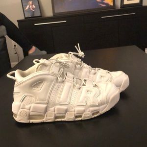 Triple white nike air more uptempos